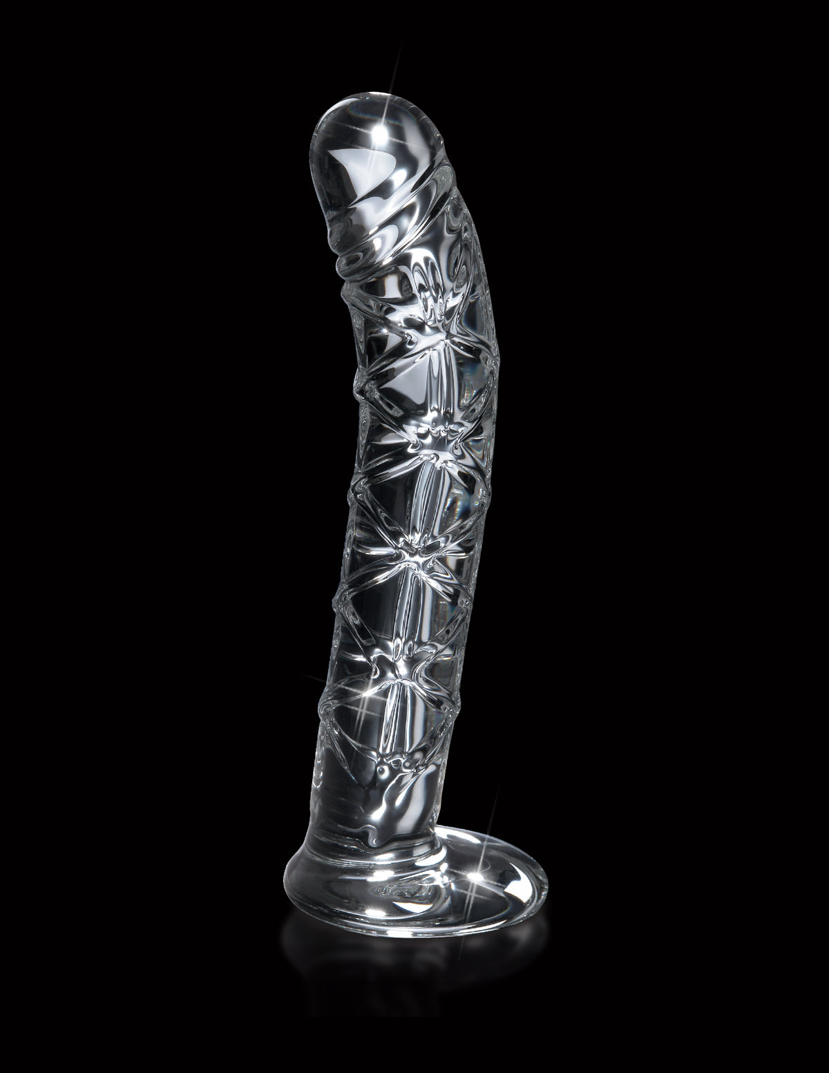 Icicles No 60 Glass G-Spot P-Spot Dildo Clear showcased against a black background, highlighting its elegant design.