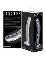 Icicles No 60 Glass G-Spot P-Spot Dildo Clear in packaging showcasing its elegant design and unique features.
