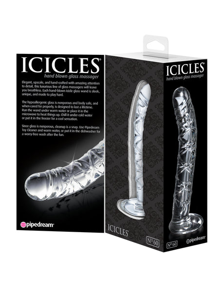 Icicles No 60 Glass G-Spot P-Spot Dildo Clear in packaging showcasing its elegant design and unique features.