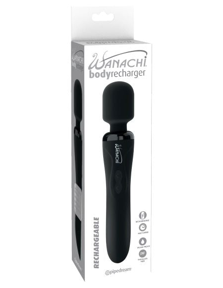 Wanachi Body Recharger Silicone Wand Massager Black with rechargeable features and ergonomic design.