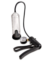 Pump Worx Pro-Gauge Power Penis Pump Clear Black showing vacuum cylinder and EZ-grip handle for length and thickness.