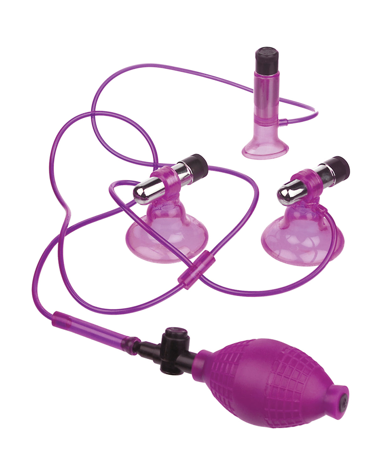 Fetish Fantasy Series Triple Suck-Hers Vibrating Purple kit with three cupped suckers and inflation bulb.