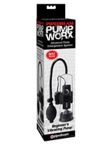 Pump Worx Beginners Vibrating Pump packaging showcasing advanced penis enlargement system and user-friendly design.