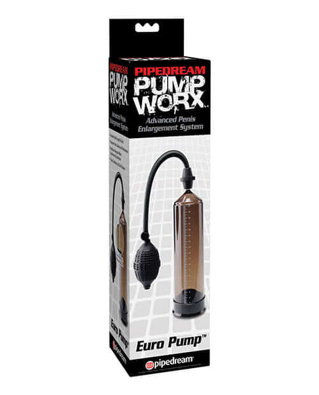 Pipedream Pump Worx Euro Pump packaging showcasing advanced penis enlargement system and pump design.
