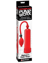 Pump Worx Beginners Power Pump Red with clear cylinder and manual pump for size enhancement.