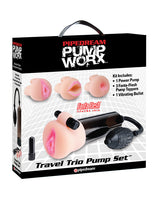 Pump Worx Travel Trio 9 Piece Penis Pump Set includes a power pump, Fanta Flesh pump toppers, and vibrating bullet.