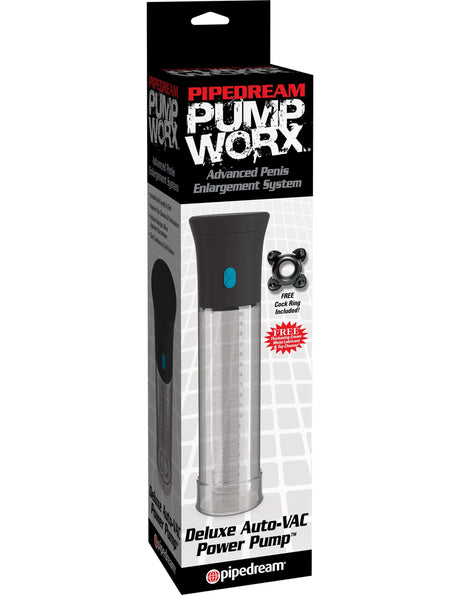 Pump Worx Deluxe Auto Vac Penis Pump packaging showcasing advanced enhancement features.