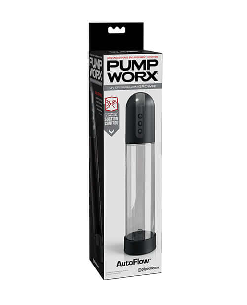Pump Worx Auto Flow Rechargeable Penis Pump packaging showcasing dual-control vacuum system.