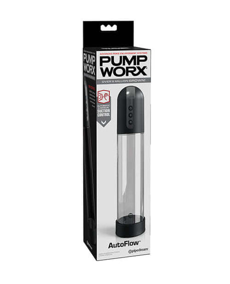 Pump Worx Auto Flow Rechargeable Penis Pump packaging showcasing dual-control vacuum system.