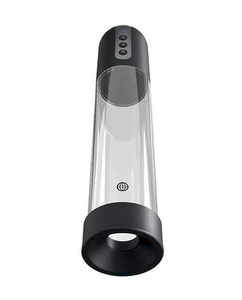 Pump Worx Auto Flow Rechargeable Penis Pump showcasing its sleek design and control buttons for convenient use.