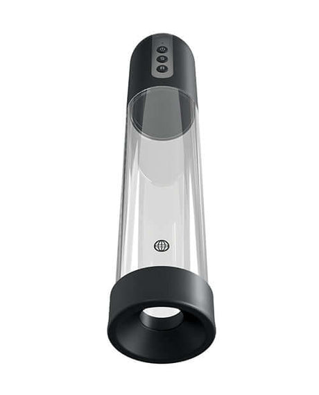 Pump Worx Auto Flow Rechargeable Penis Pump showcasing its sleek design and control buttons for convenient use.