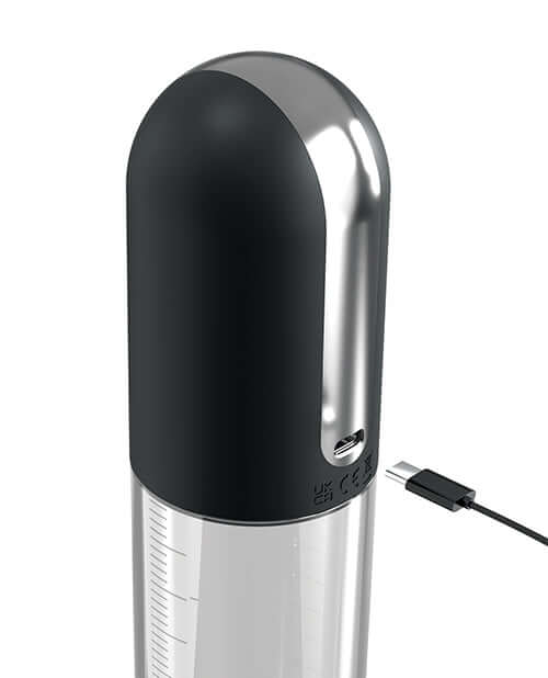Pump Worx Auto Flow Rechargeable Penis Pump top view with charging port and durable design.