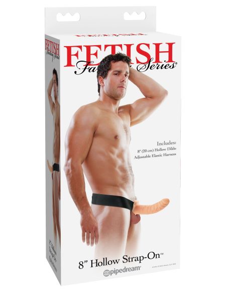 Fetish Fantasy 8 inch Hollow Strap On Flesh packaging featuring model wearing a strap-on with adjustable elastic harness.