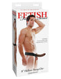 Fetish Fantasy Series 8 inches Hollow Strap On Brown product packaging with model wearing it.