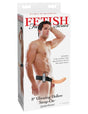 Fetish Fantasy 8 Inch Vibrating Hollow Strap On Flesh packaging with model demonstrating the product features.