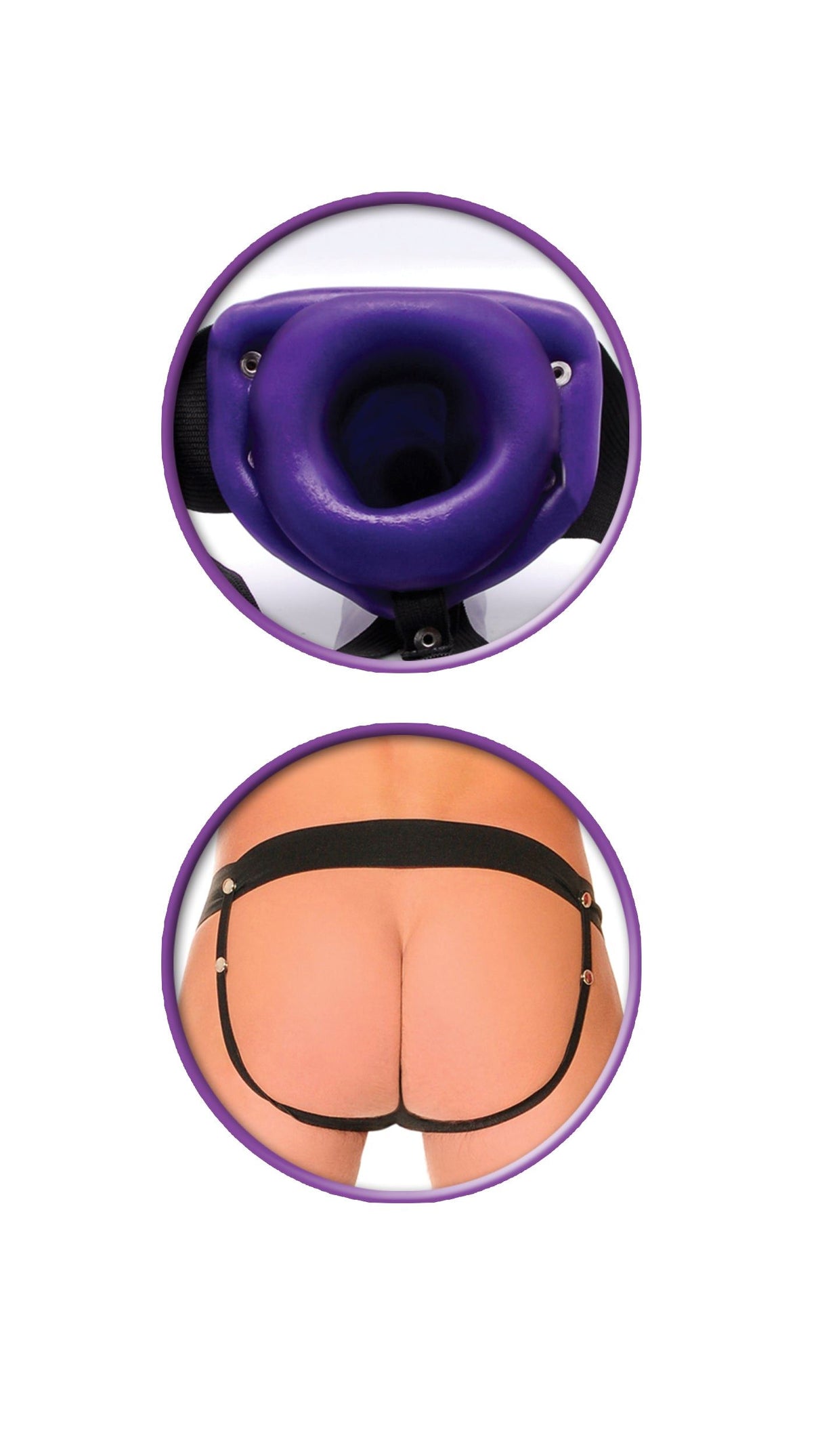 Fetish Fantasy Hollow Strap On For Him Or Her Purple, showcasing the harness design and user-friendly features.