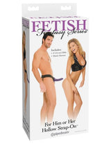 Fetish Fantasy Hollow Strap On For Him Or Her Purple product packaging featuring a couples harness system.