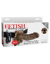 Fetish Fantasy 7 Inch Vibrating Hollow Strap On Brown in packaging showcasing design and features
