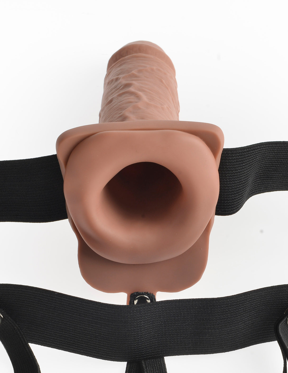 Fetish Fantasy 7 Inch Hollow Strap-On Remote Tan detailed view of the dildo and harness attachment.