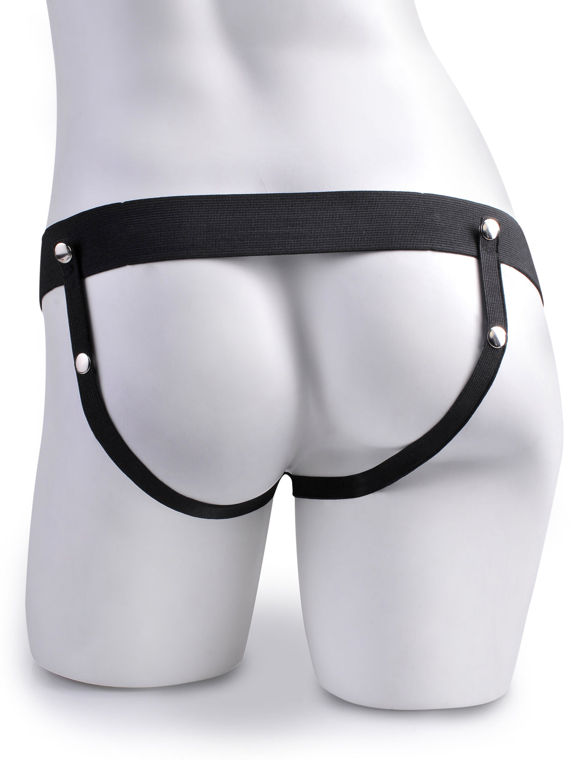 Fetish Fantasy 7 Inch Hollow Strap-On Remote Tan black harness featured on a mannequin's lower back.