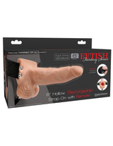 Fetish Fantasy 6 Inch Hollow Strap-On Remote Flesh product packaging with features and remote control included.