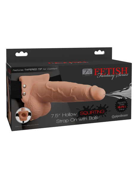 Fetish Fantasy 7.5 Inch Hollow Squirting Strap-On packaging showcasing tapered tip and realistic design for satisfying play.