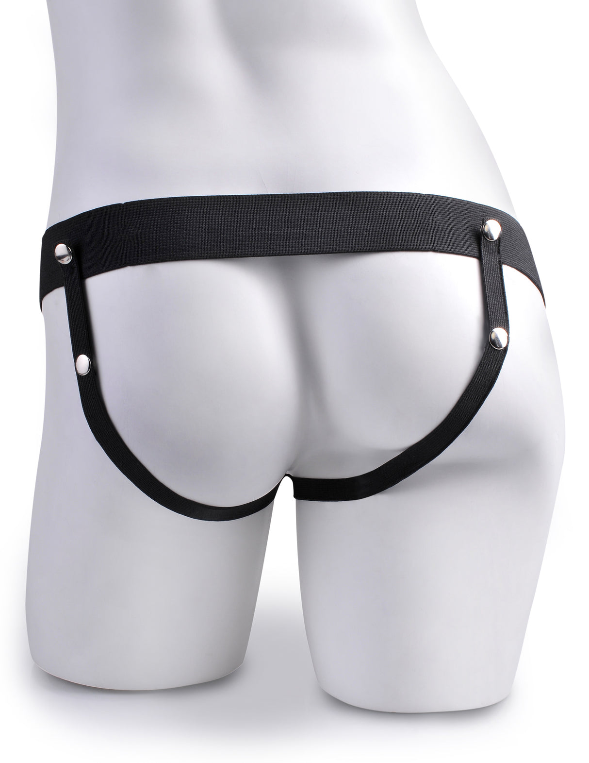 Fetish Fantasy 7.5 Inch Hollow Squirting Strap-On on a mannequin showcasing the harness design.