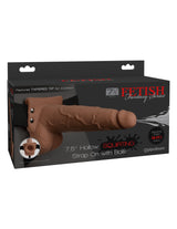 Fetish Fantasy 7.5 Inch Hollow Squirting Strap-On Tan in packaging, showcasing ultra-realistic design with suction feature.