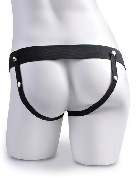 Fetish Fantasy 7.5 Inch Hollow Squirting Strap-On Tan displayed on a mannequin's backside, showcasing the design and fit.