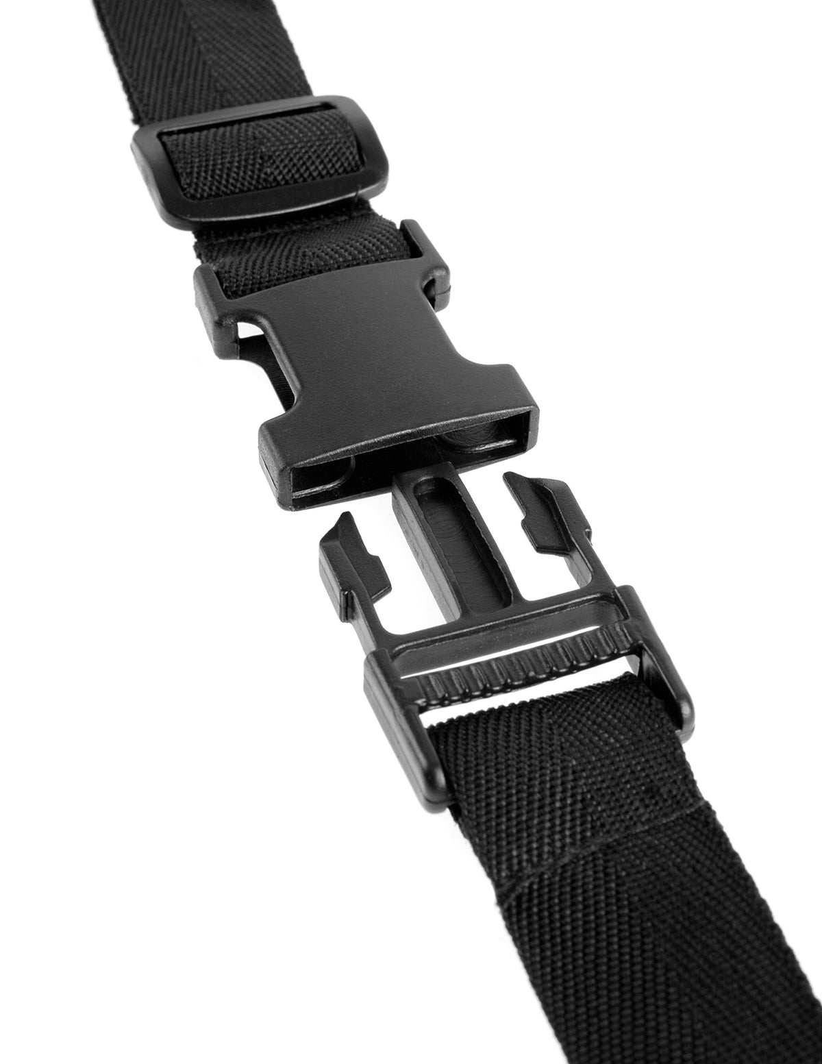 Close-up of the buckle on the Fetish Fantasy Perfect Fit Adjustable Harness Black strap, built for secure fastening.