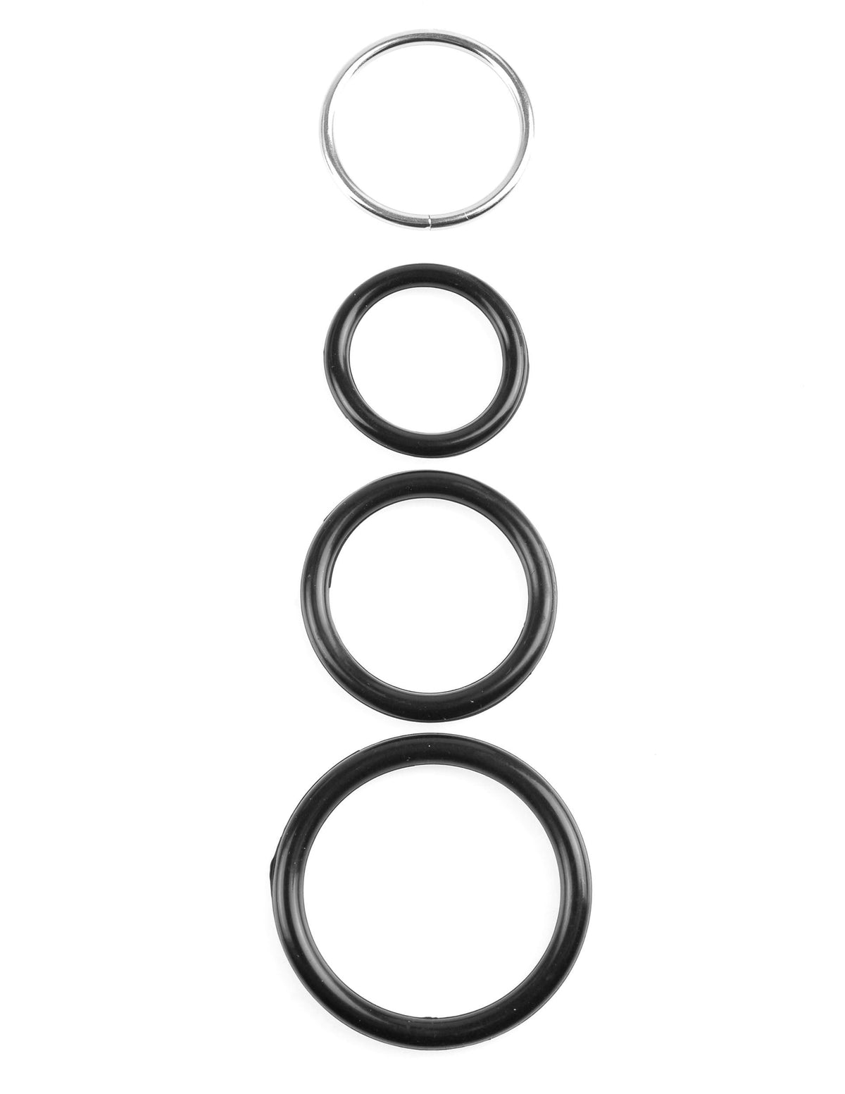Fetish Fantasy Perfect Fit Adjustable Harness Black parts including various sizes of black and metallic rings.
