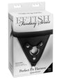 Fetish Fantasy Perfect Fit Adjustable Harness Black packaging showing features and compatibility highlights.