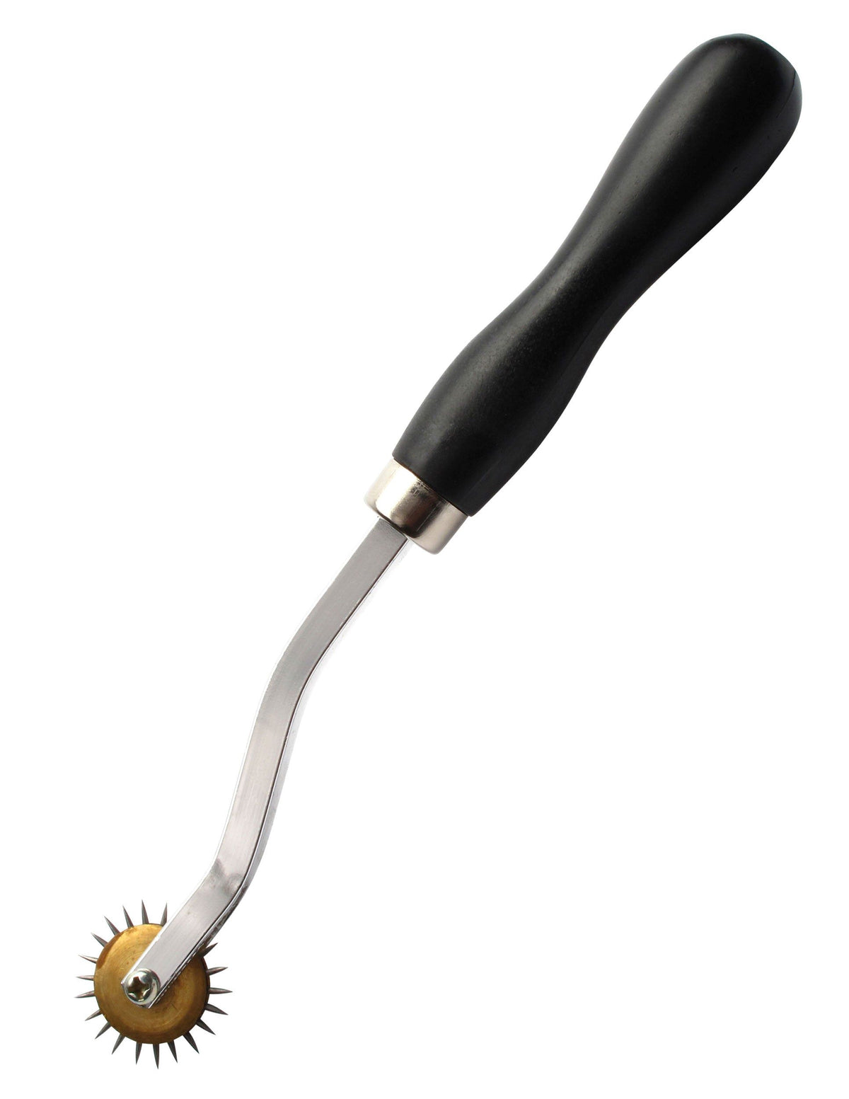 Fetish Fantasy Deluxe Wartenberg Wheel Black and Silver displayed with a sleek handle and fine pin wheel for sensation play.