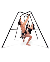 Fetish Fantasy Series Swing Stand Black in use with couple enjoying bondage play.