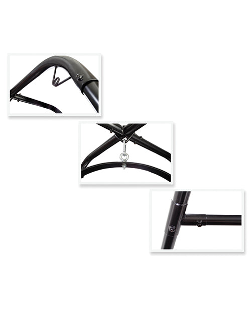 Close-up images of the Fetish Fantasy Series Swing Stand Black's durable frame and connection points.