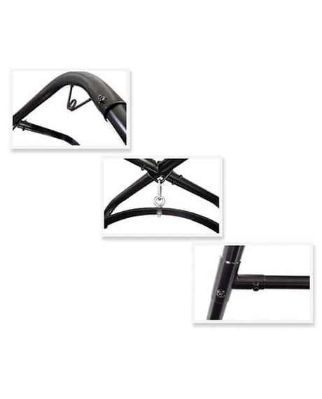 Close-up images of the Fetish Fantasy Series Swing Stand Black's durable frame and connection points.