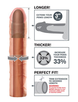 Fantasy X-Tensions Perfect 3 Inch Penis Extension Flesh showing features for lengthening and thickening with trimming instructions.