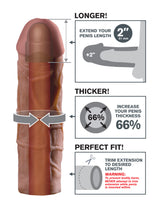 Fantasy X-Tensions Mega 2 Inch Penis Extension Brown illustration showing length and thickness enhancements.