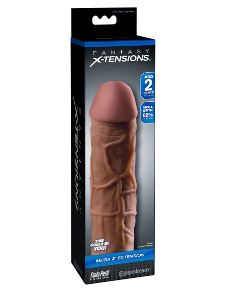 Fantasy X-Tensions Mega 2 Inch Penis Extension Brown packaging showcasing the erection enhancer for added length and girth.
