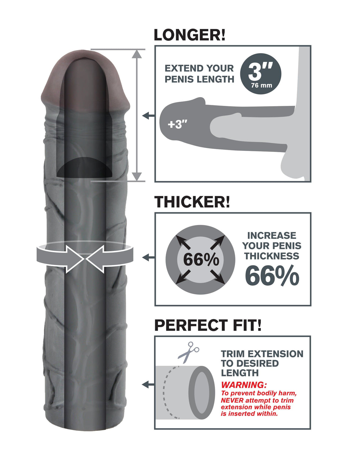 Fantasy X-Tensions Mega Extension 3 Inch Black instructional image showing longer, thicker fit for enhanced pleasure.