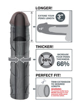 Fantasy X-Tensions Mega Extension 3 Inch Black instructional image showing longer, thicker fit for enhanced pleasure.