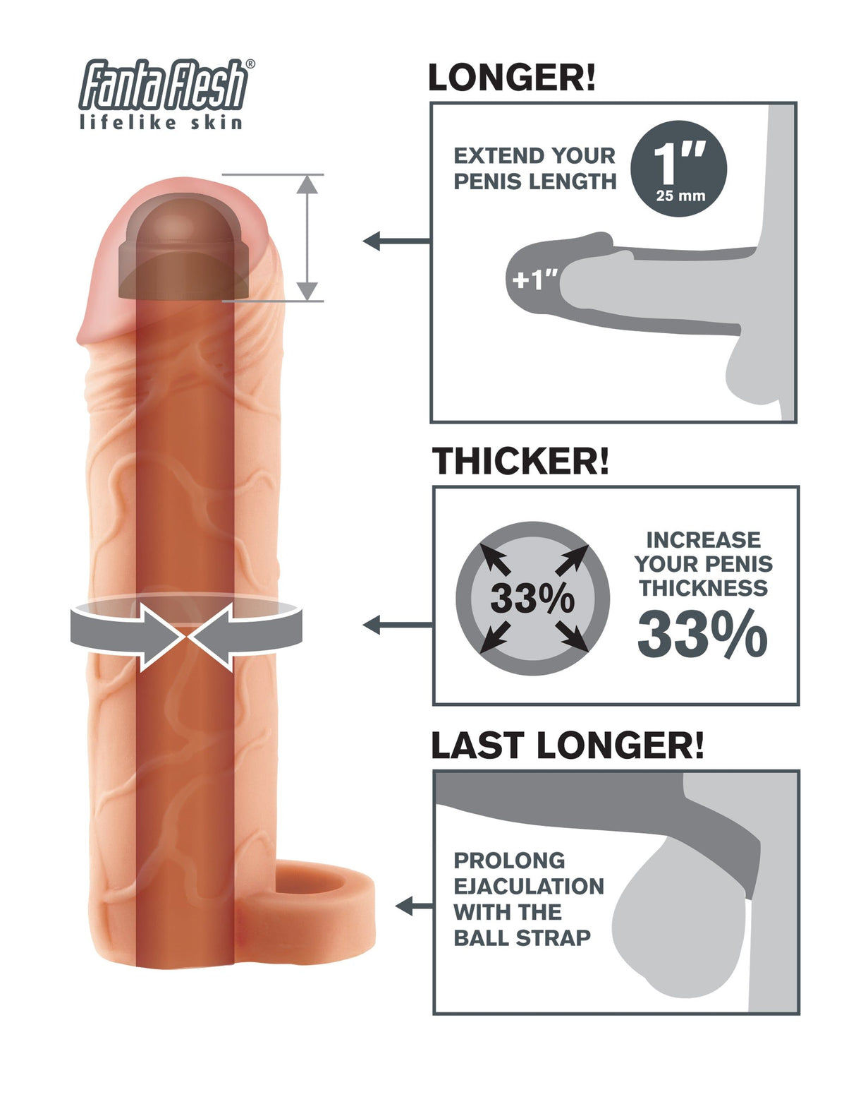 Fantasy X-Tensions Perfect 1 inch Extension Ball Strap Beige features longer, thicker design for enhanced performance.