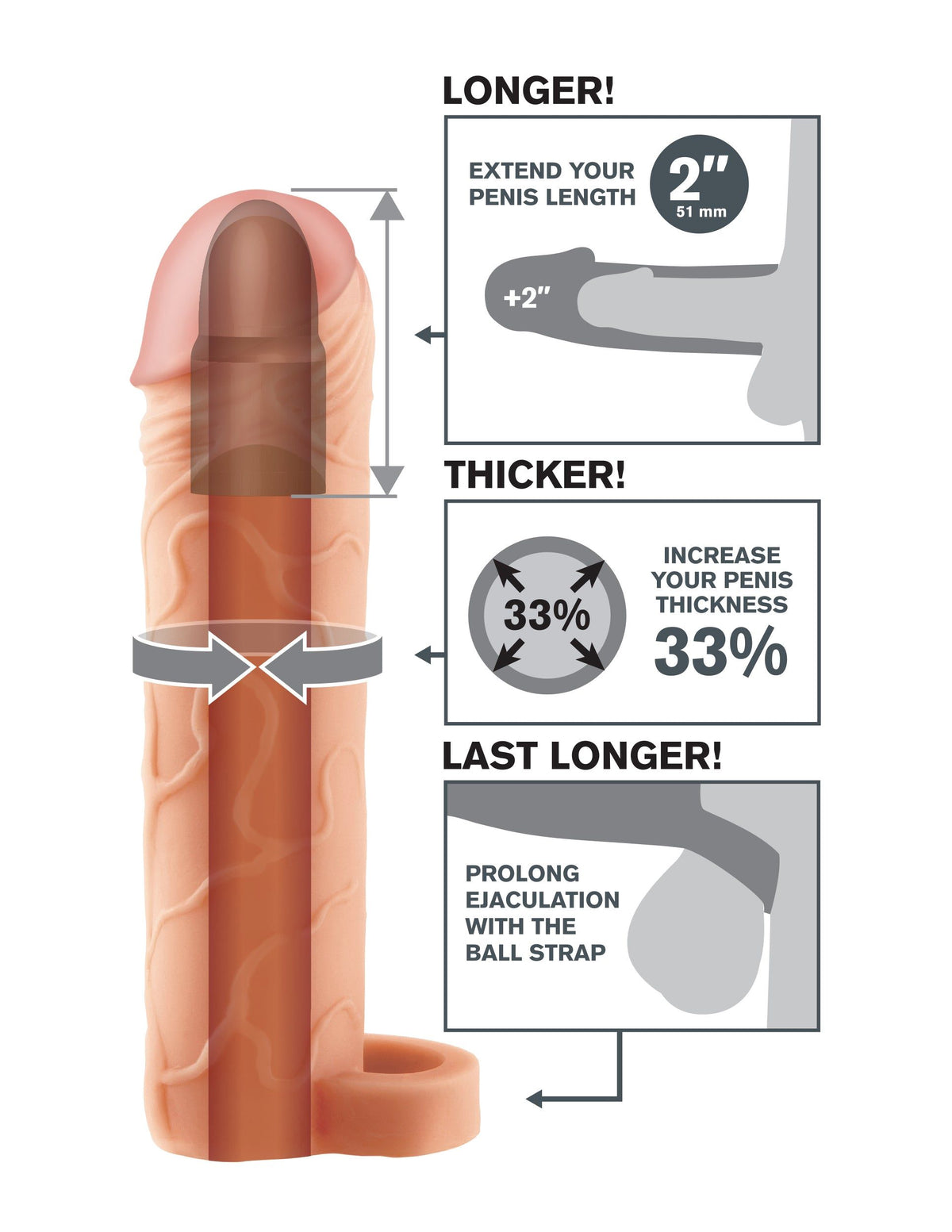 Fantasy X-Tensions Perfect 2 Inch Extension Ball Strap Beige showing features like longer, thicker, and longer-lasting performance.