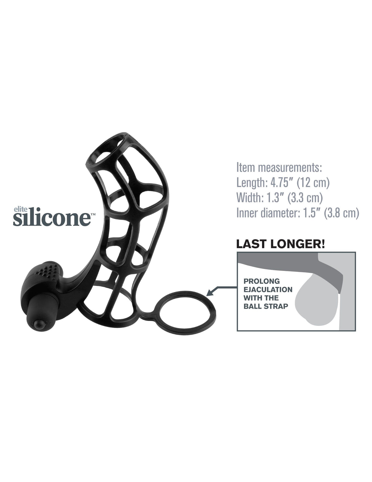 Fantasy X-Tensions Deluxe Silicone Power Cage Black with item measurements and features for enhanced pleasure.