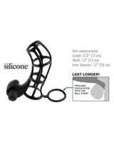 Fantasy X-Tensions Deluxe Silicone Power Cage Black with item measurements and features for enhanced pleasure.