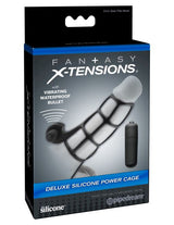 Fantasy X-Tensions Deluxe Silicone Power Cage Black packaging with vibrating waterproof bullet.