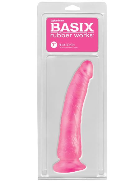 Basix Rubber Works 7 inch Pink Slim Dong Suction Cup in packaging displaying its slim design and suction cup base.