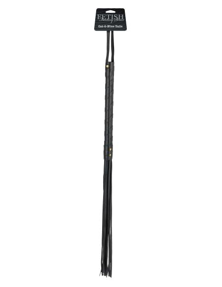 Fetish Fantasy Limited Edition Cat O Nine Tails whip with leather strands and metal studs for impact play.