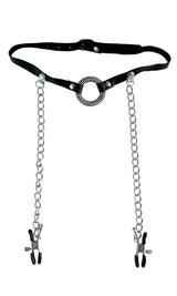 Fetish Fantasy Limited Edition O-Ring Gag & Nipple Clamps with black leather and chains.