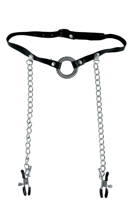 Fetish Fantasy Limited Edition O-Ring Gag & Nipple Clamps with black leather and chains.